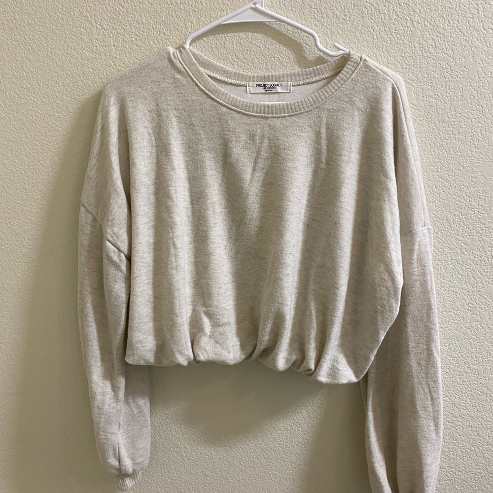 Project‎ Social T Cream Heather Knit Cropped Top Balloon Sleeve Medium